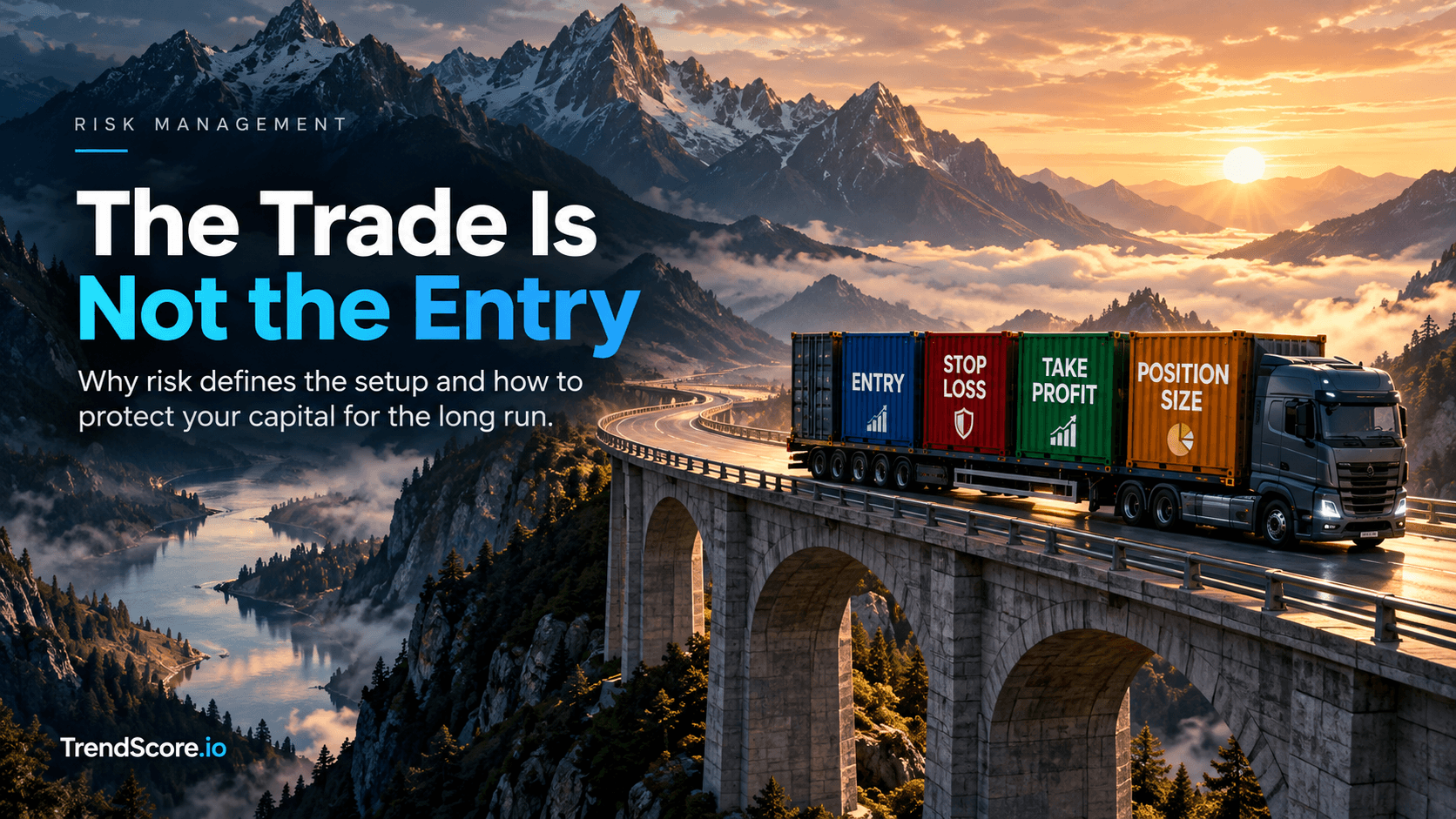 Semi-truck on a mountain bridge carrying containers labeled Entry, Stop Loss, Take Profit, Position Size. Text: The Trade Is Not the Entry.