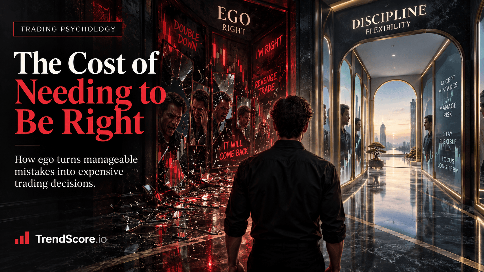 A trader stands at a crossroads between a shattered, red-lit corridor of ego and a bright, disciplined hallway.