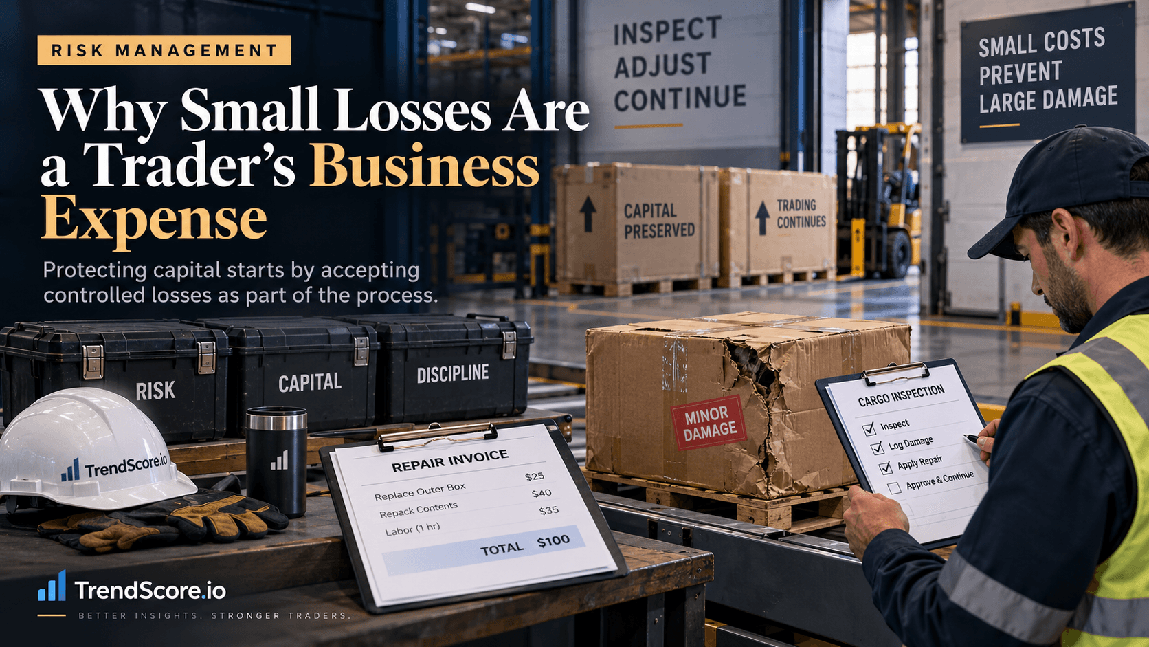 A warehouse worker inspects a minor cargo box damage, illustrating calculated trading losses and risk management.