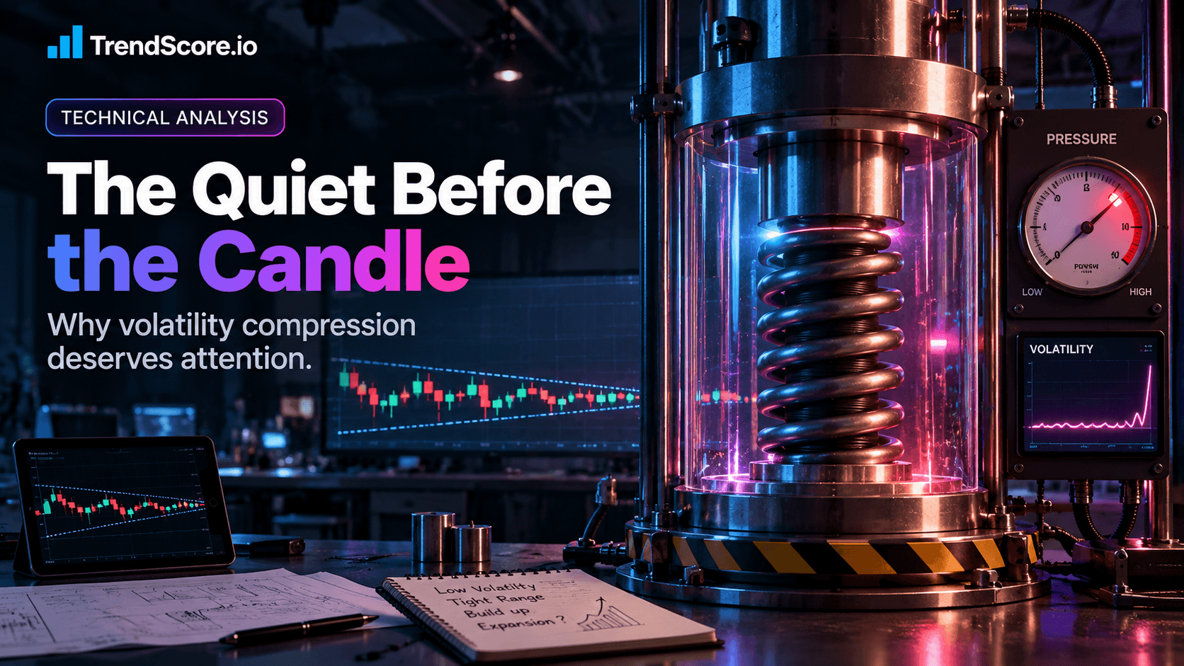 A heavy metal spring under high pressure in a laboratory, symbolizing market volatility compression.