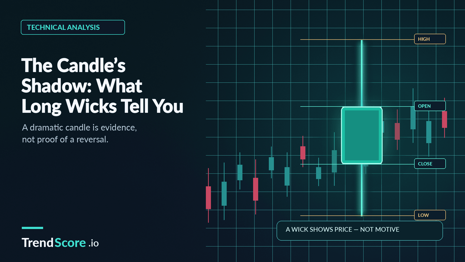 A glowing financial candlestick chart highlighting high and low price wicks on a dark grid.