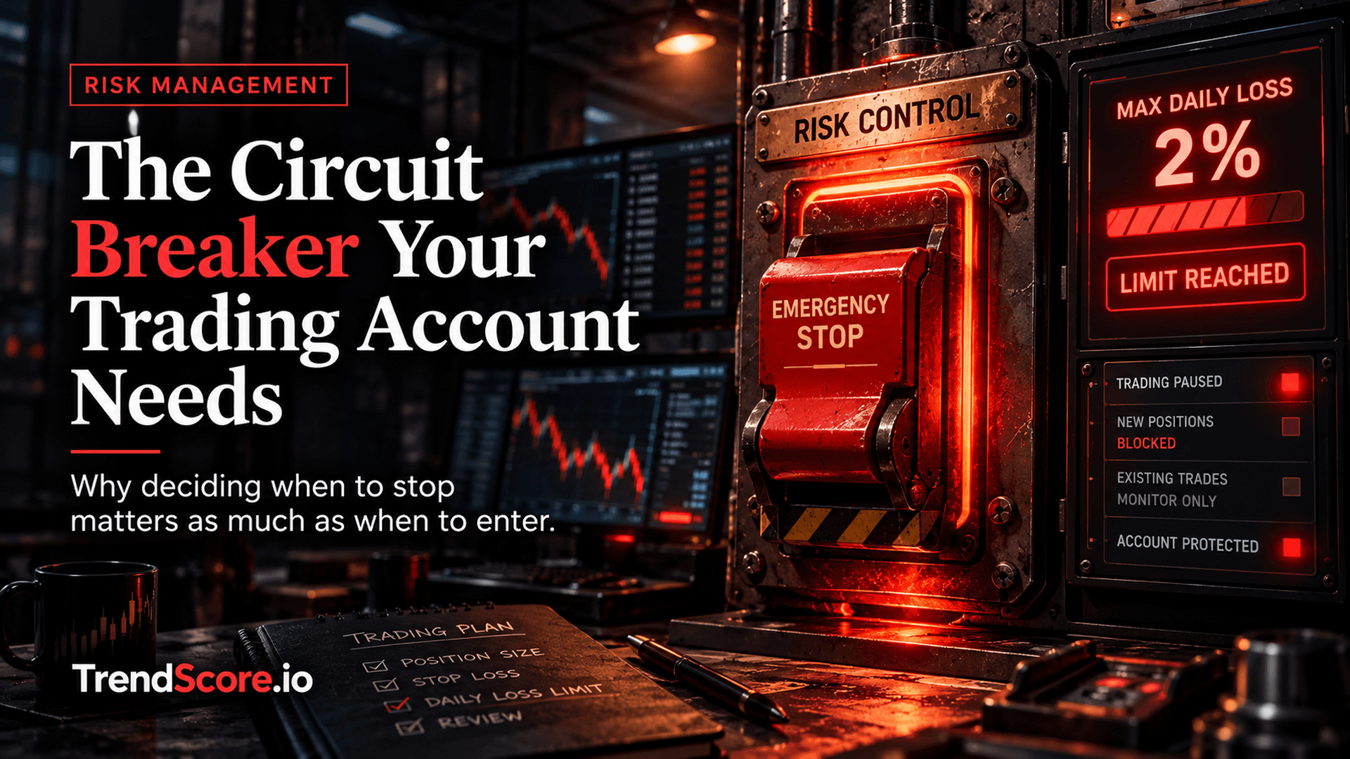 A glowing emergency stop switch on a trading desk representing automated risk management and loss limits.