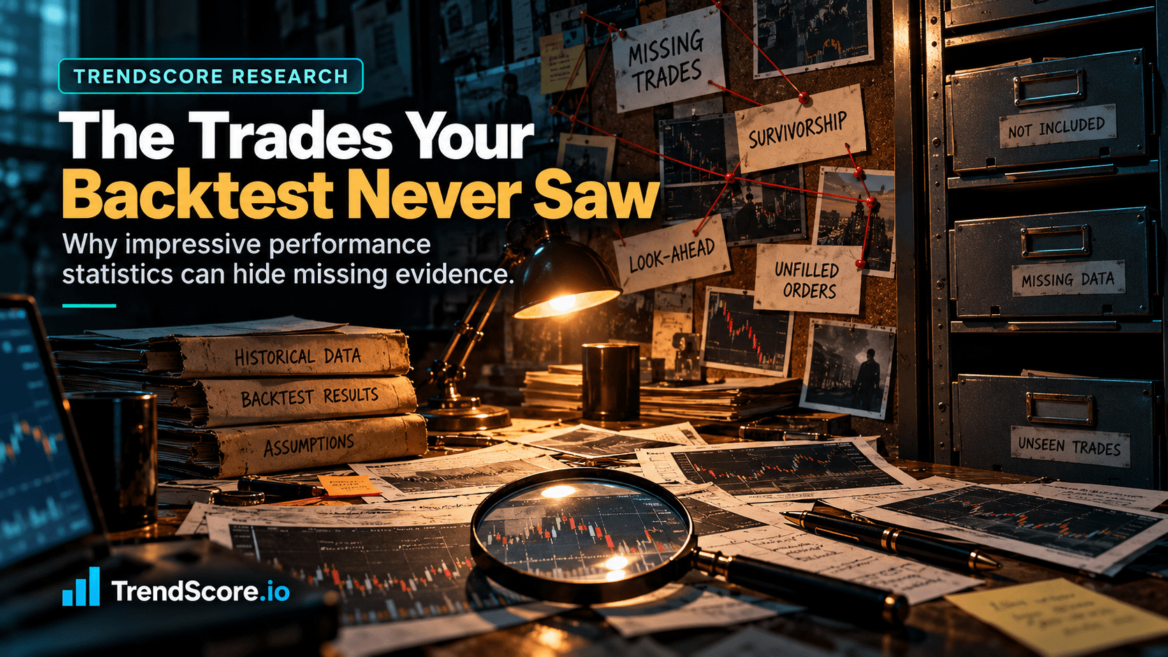 A detective's desk with charts, magnifying glass, and pinned notes highlighting missing trading data.