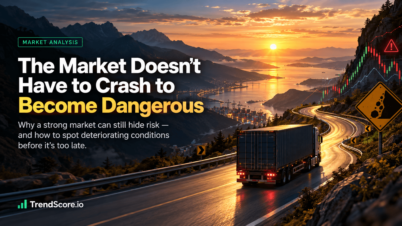 Semi-truck driving on a winding mountain road at sunset with text reading, 'The Market Doesn't Have to Crash to Become Dangerous.'