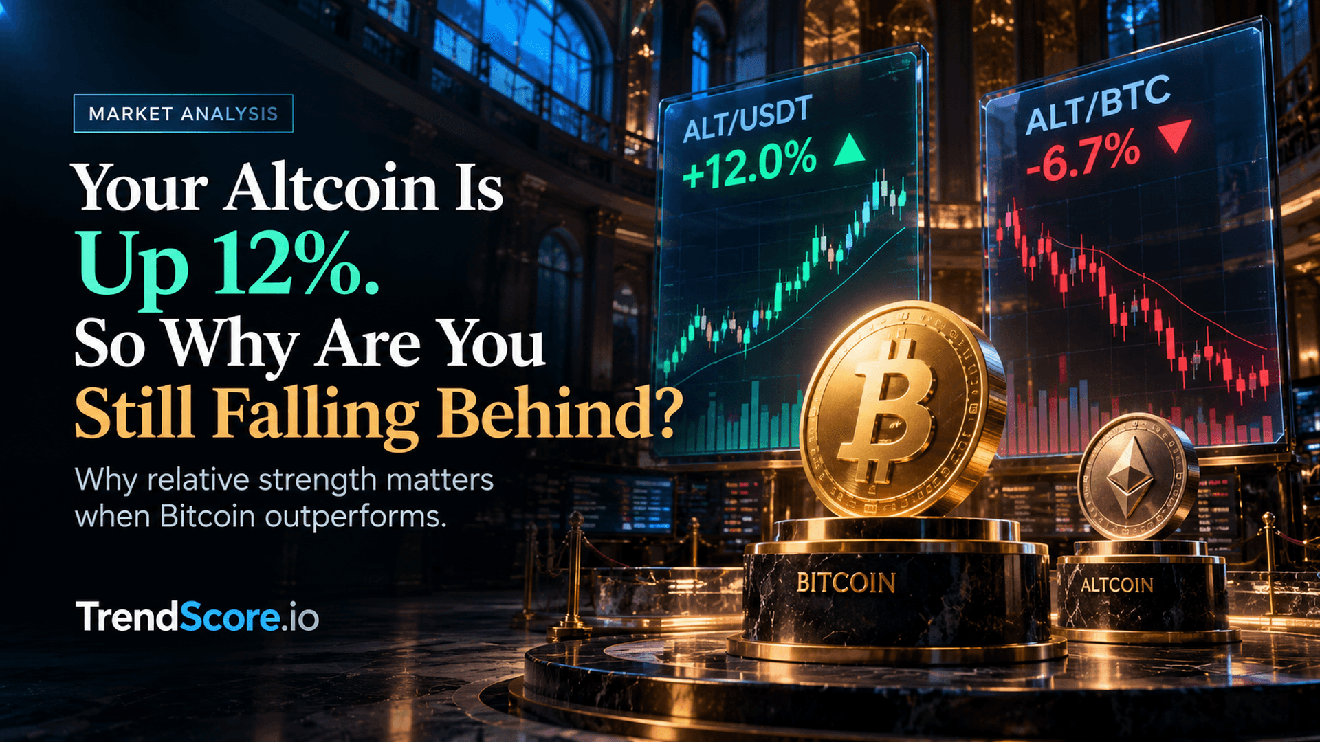 Gold cryptocurrency coins displayed before glowing trading charts illustrating relative market performance differences.